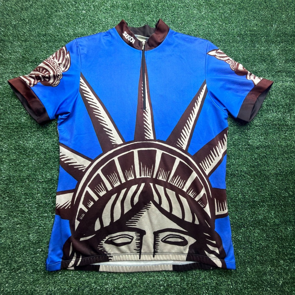Sugoi Mens Statue of Liberty Cycling Jersey Blue Brown Quarter Zip Short Sleeve